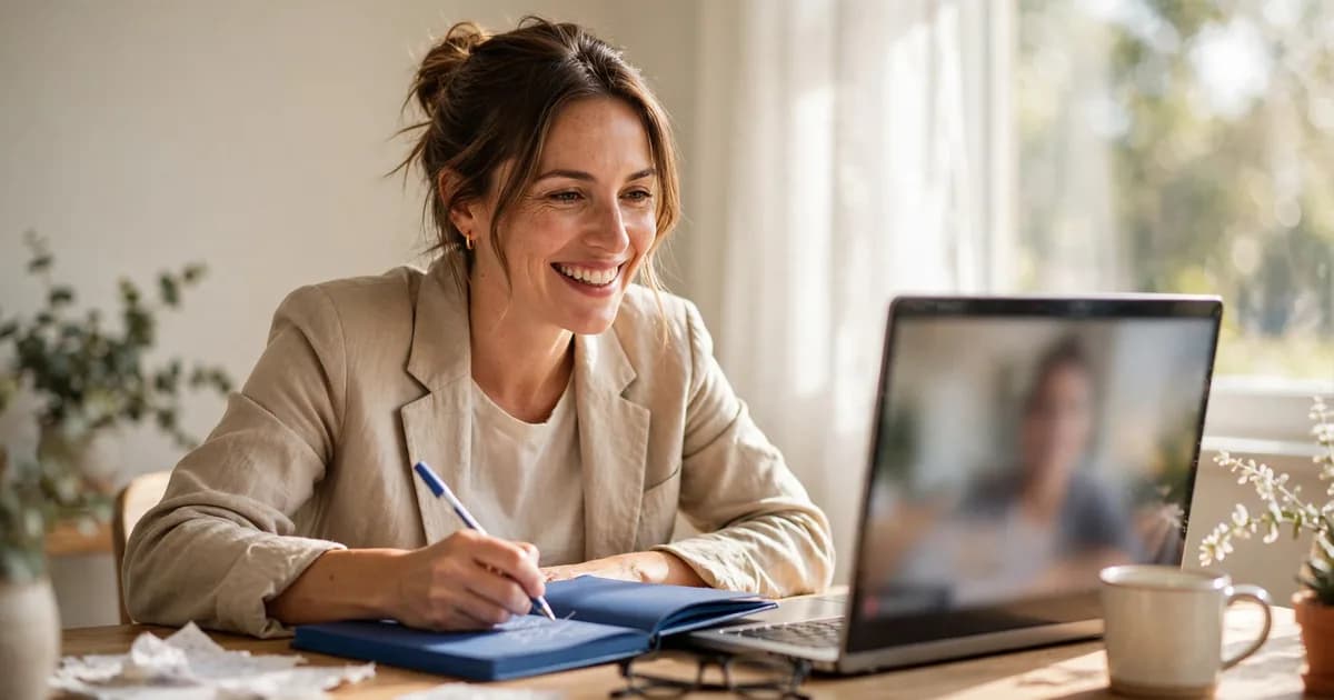 Professional smiling and taking notes in a royal-blue notebook during an online English lesson in a sunny office