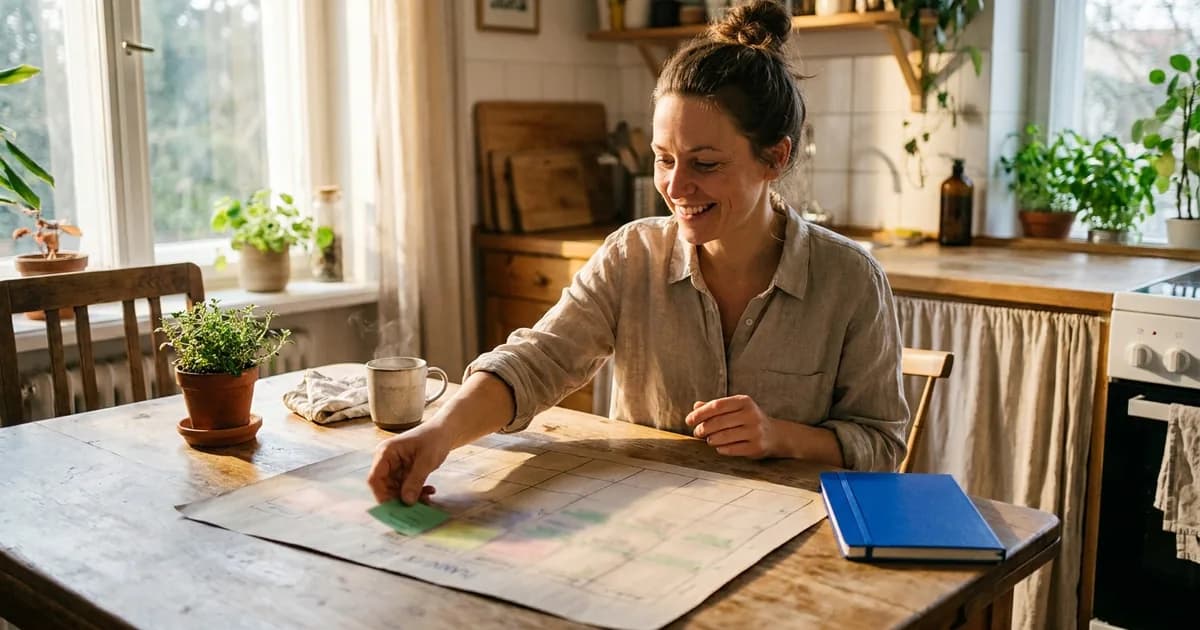 A tutor slots coloured cards into a hand-drawn planning grid at a sunny kitchen table