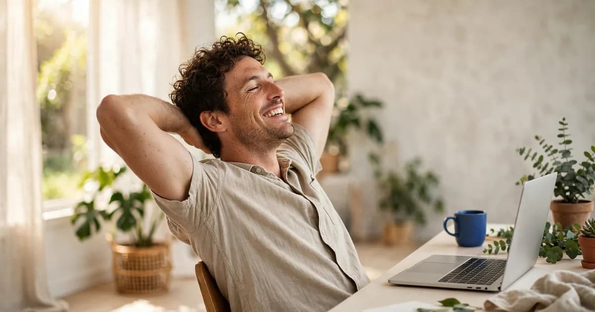Relaxed tutor stretching back with a smile at a clean, bright desk with a single laptop and a royal-blue mug