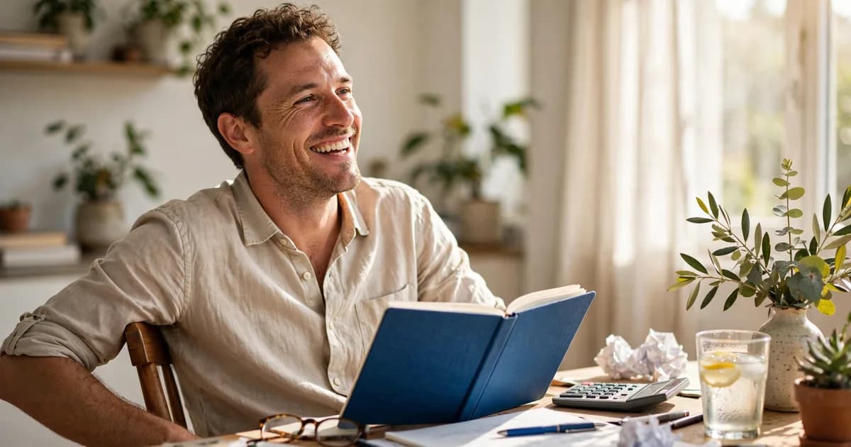 Tutor leaning back with a satisfied grin at a sunny desk after working through his numbers, royal-blue notebook open
