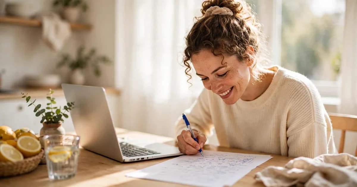 Tutor adding handwritten personal notes to a printed lesson page at a sunny kitchen table, laptop nearby