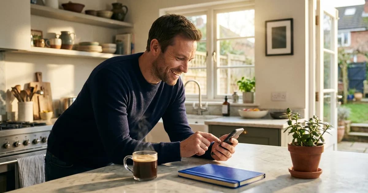 A man taps send on his phone with a satisfied nod, invoice sent, coffee beside a blue notebook