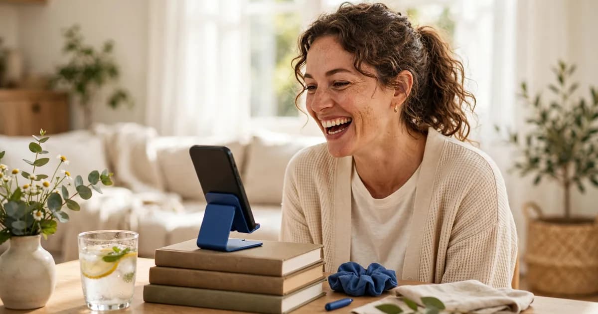 Tutor laughing as she records a short intro video on a phone on a royal-blue stand in a bright living room