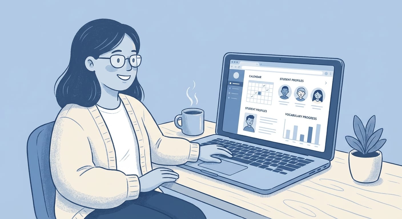 A clean, organised Tuton dashboard showing a student profile, lesson schedule, and vocabulary progress