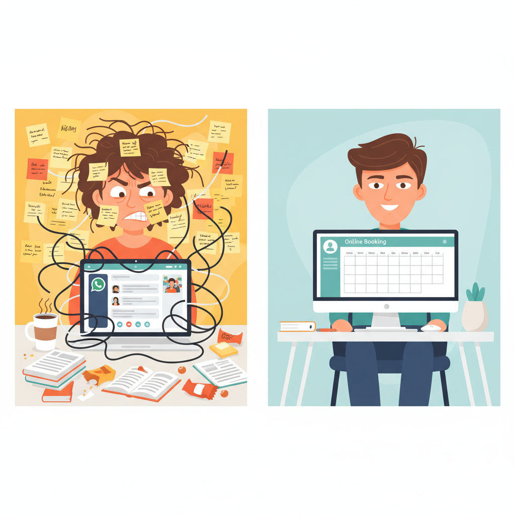 Split panel: chaotic tutor on left vs professional tutor with booking platform on right