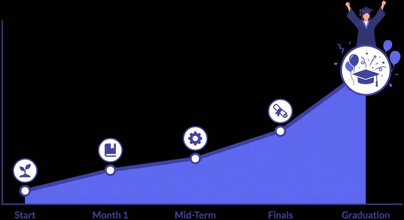 Student progress graph going up over time with milestone markers