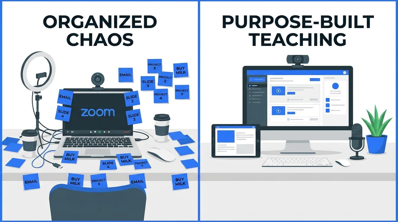 Split panel: cluttered Zoom setup vs clean teaching environment